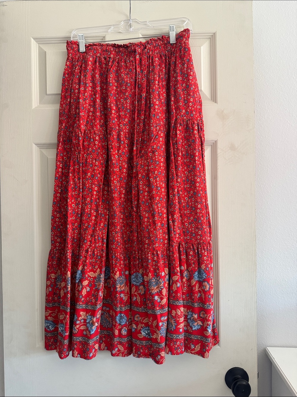 Amazon Red Floral Boho Tiered Maxi Skirt with Blue Accents